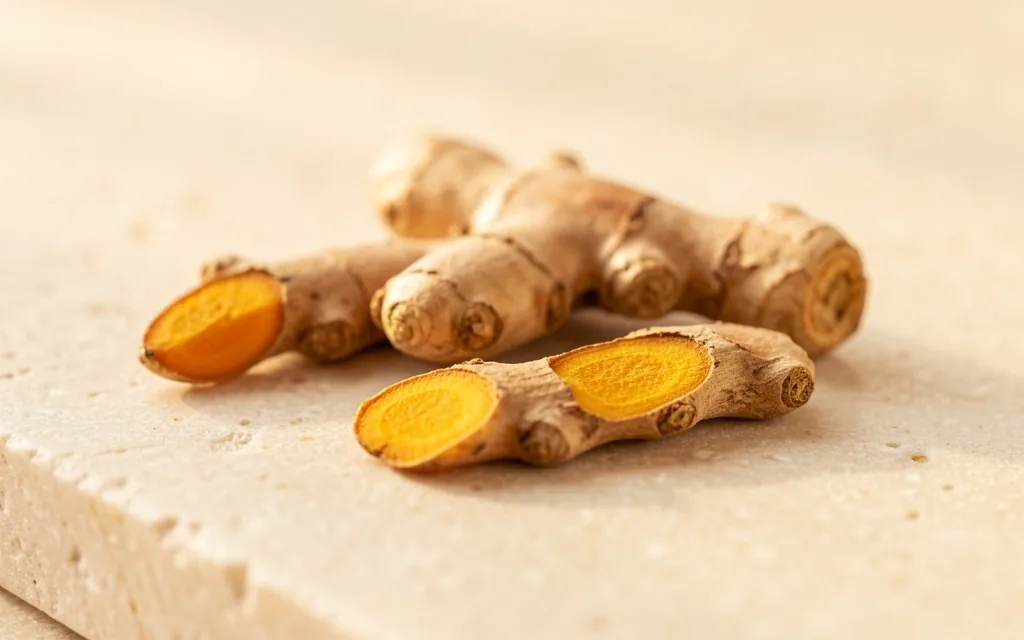 Dried turmeric and ginger roots on a light surface