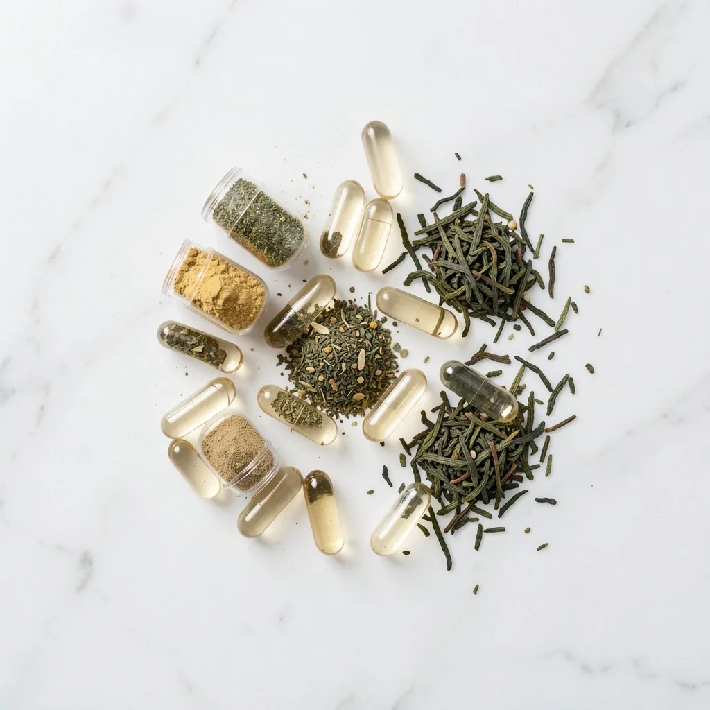 Natural supplement capsules and dried herbs on a marble surface