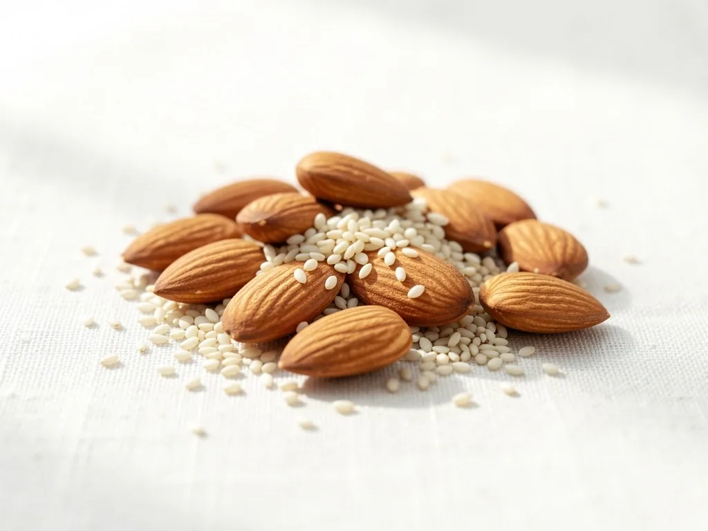Almonds and sesame seeds on linen