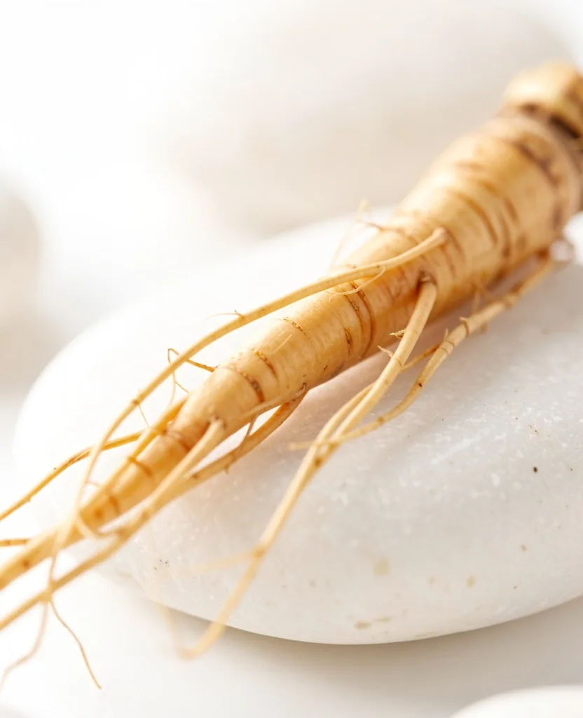 Fresh ginseng root on a stone surface