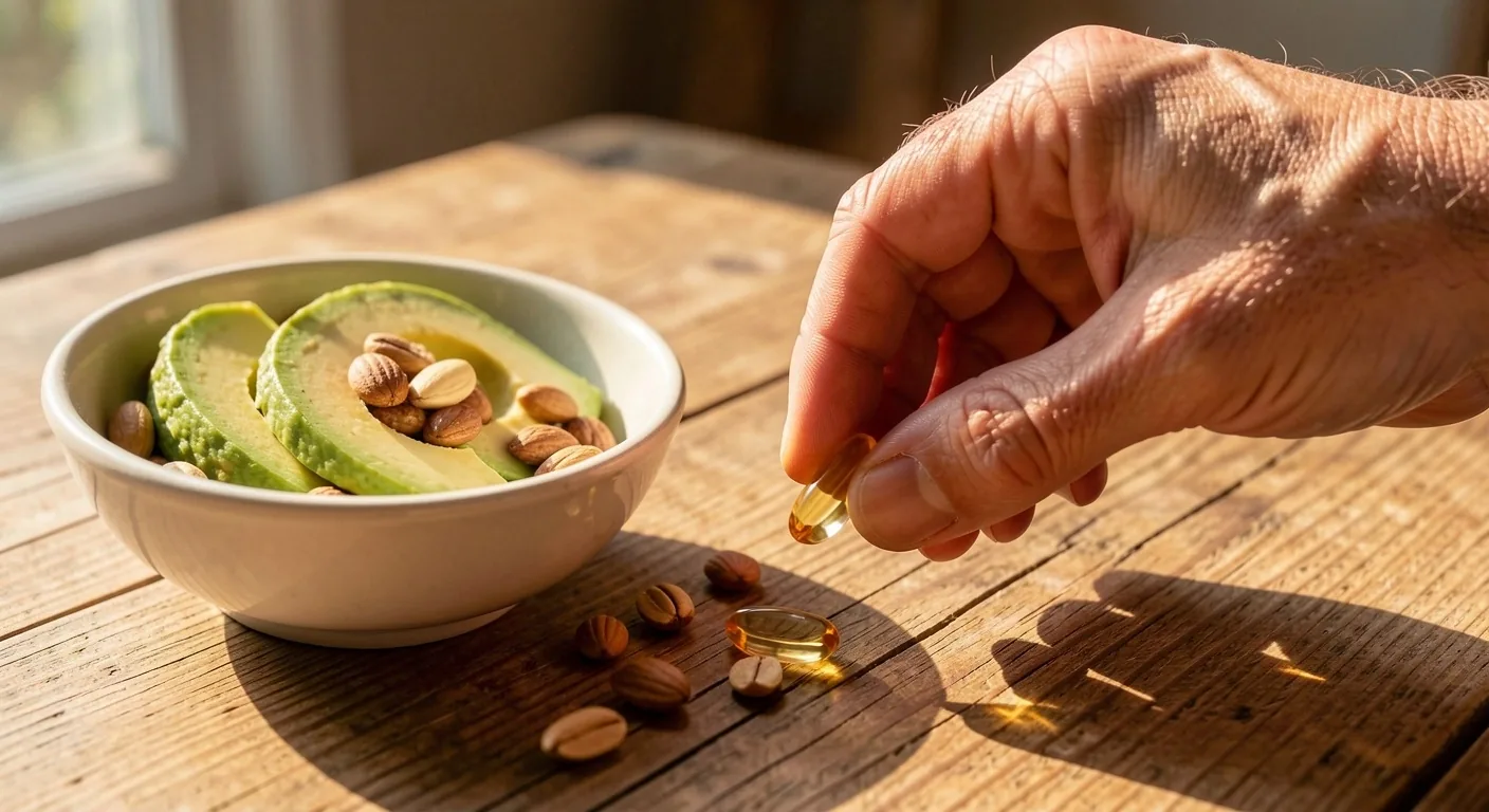 Morning supplement routine on a wooden kitchen counter