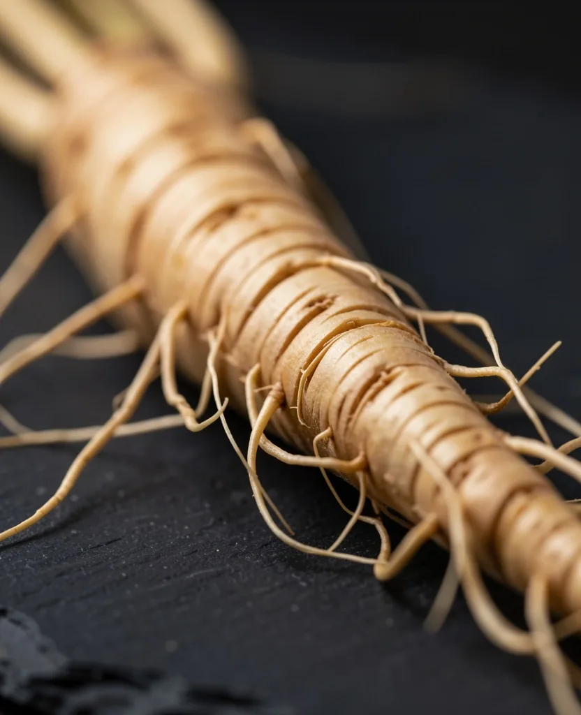 Close-up of ginseng root on a dark surface