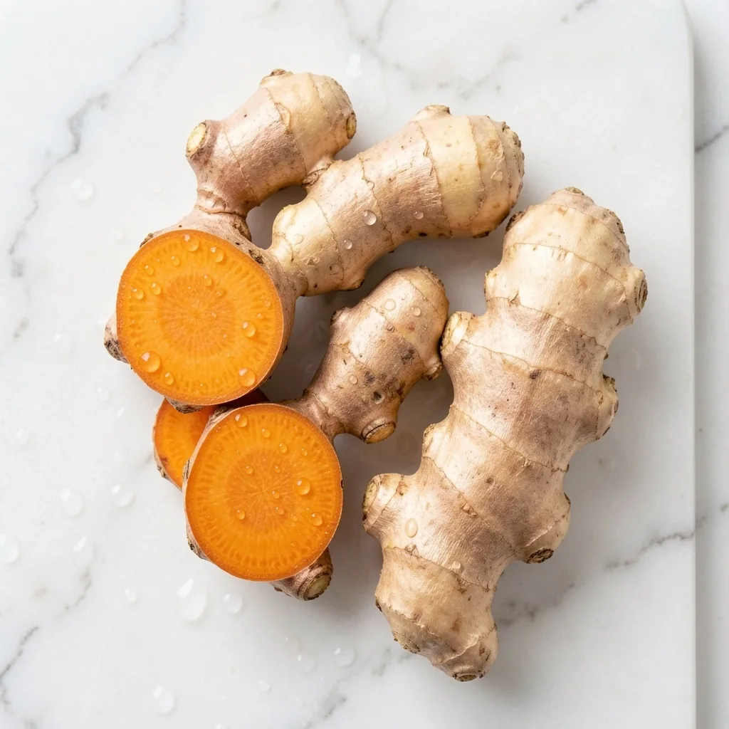 Fresh turmeric and ginger root on marble