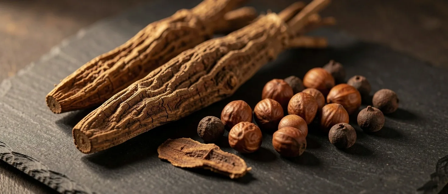 Dried herbal roots and botanical extracts on a dark surface
