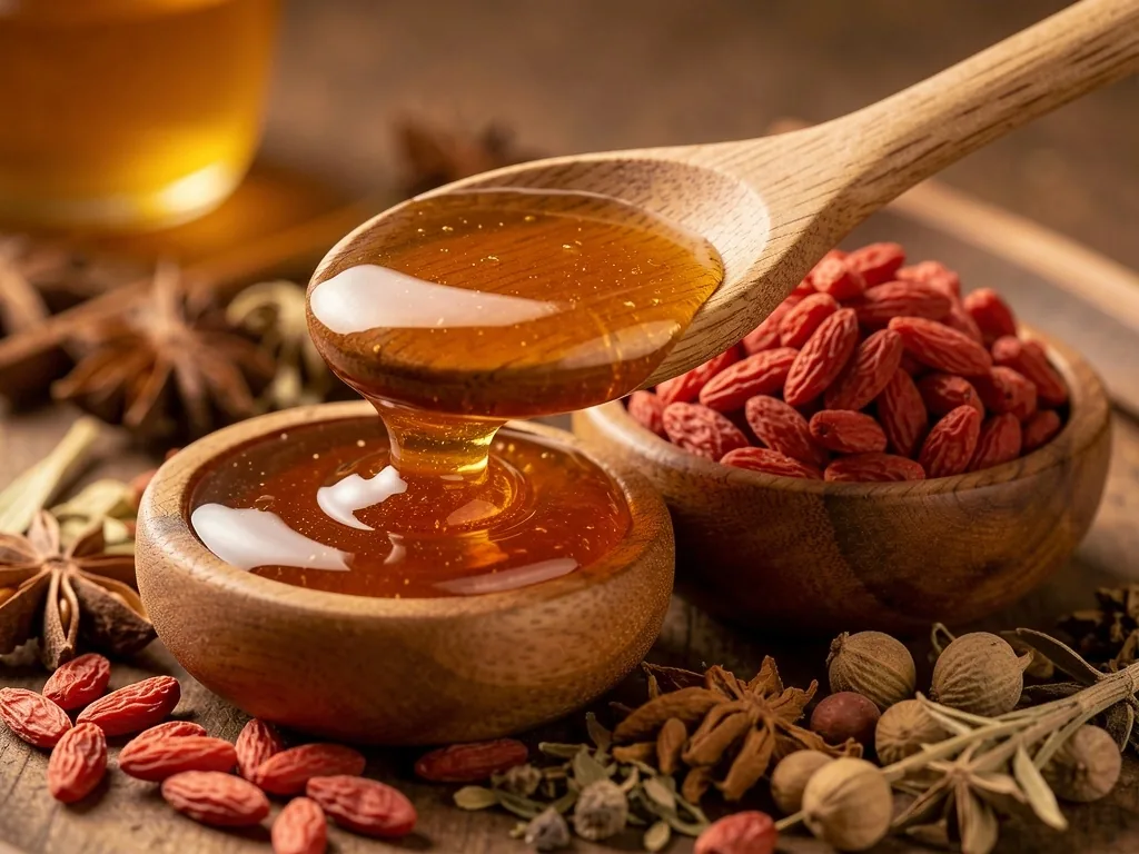 Functional foods and superfoods arranged on a wooden surface