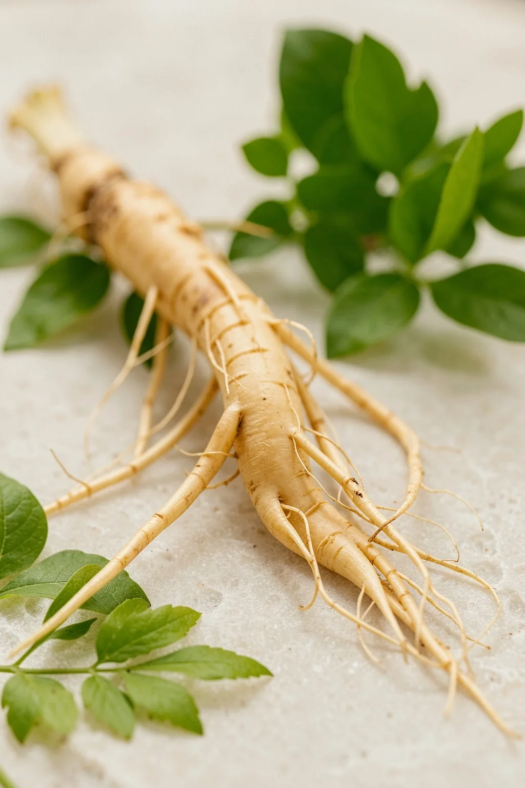 Fresh ginseng root and green botanical leaves on pale stone