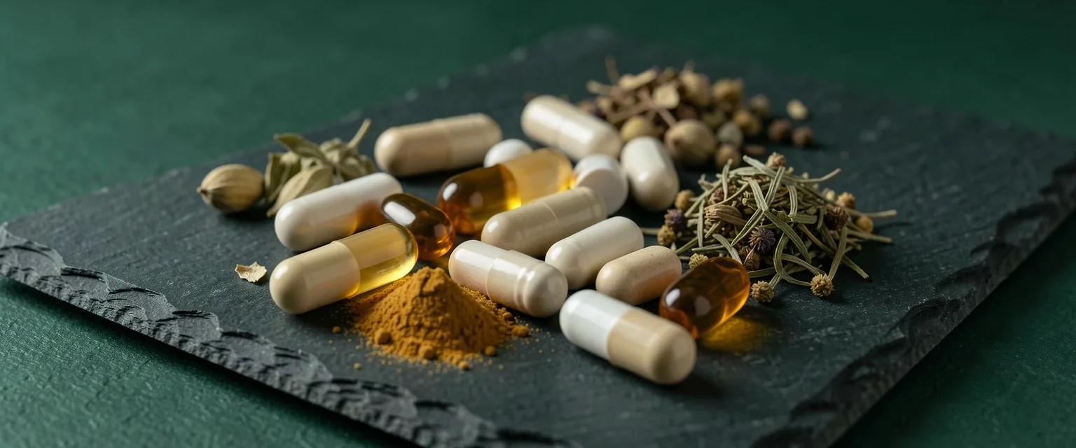 Natural supplement capsules and botanical herbs on a stone surface
