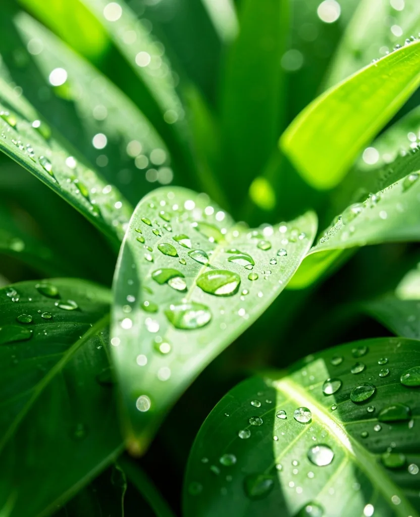 Fresh green botanical leaves photographed in natural morning light